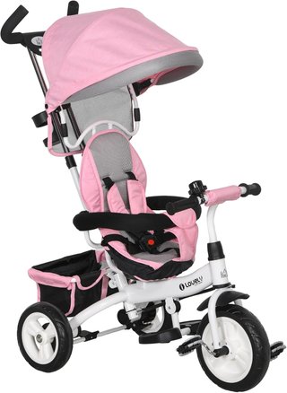 Triciclo para Niños Con Manillar 6 en 1, Cochecito para Niños Con Capota Regulable, Cinturón de Seguridad y Cesta, Edad 1-5 Años, Rosa