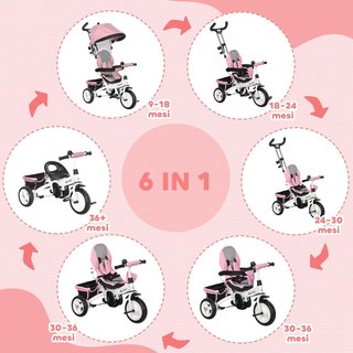 Triciclo para Niños Con Manillar 6 en 1, Cochecito para Niños Con Capota Regulable, Cinturón de Seguridad y Cesta, Edad 1-5 Años, Rosa