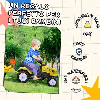 Tractor a Pedales para Niños de 3+ Años con Remolque, Rastrillo y Pala, Coche de Juguete con Claxon, Amarillo