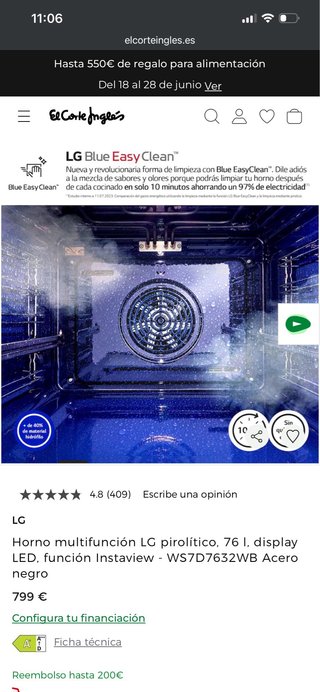 Horno LG Pirolítico Instaview 76L WS7D7632WB