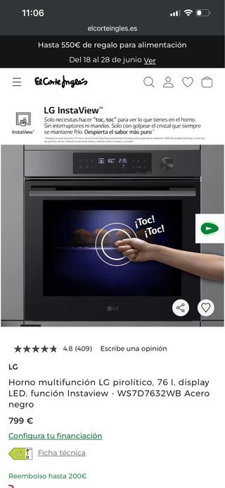 Horno LG Pirolítico Instaview 76L WS7D7632WB