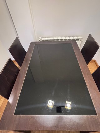 Mesa comedor extensible + 4 sillas, cristal madera