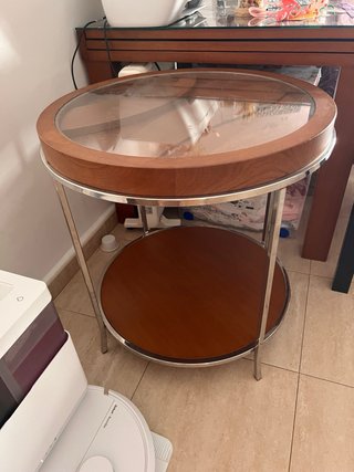 Mesa auxiliar redonda madera, cristal y acero
