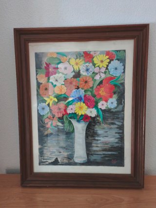 Cuadro de flores en marco de madera