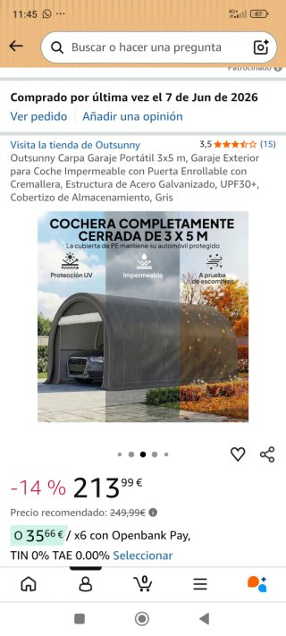 Carpa Garaje Portátil Outsunny 3x5m Gris
