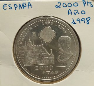 Moneda 2000 Pesetas Plata, 1998 Felipe II