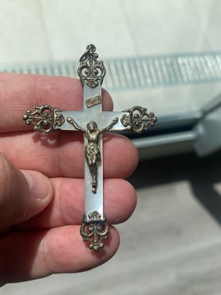 Precioso crucifijo antiguo plata y nácar