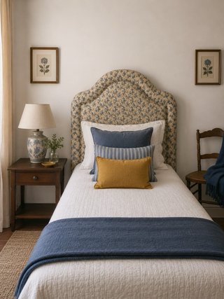 Cabecero tapizado 90cm floral beige y azul