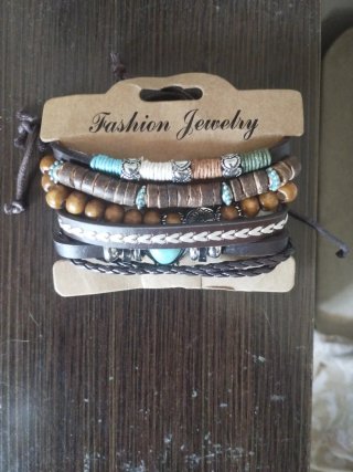 Conjunto 6 Pulseras Cuero Marrón Turquesa