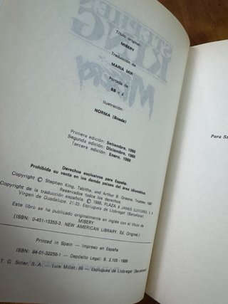 Libro: Misery de Stephen King (ed. 1989)