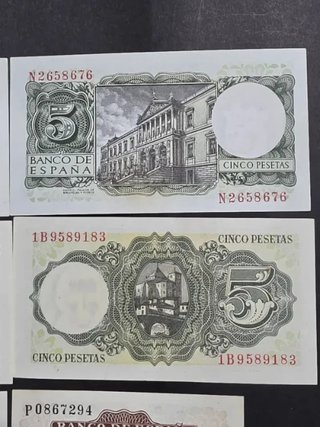 6 Billetes  5 y 1 Peseta muy buen estado. España