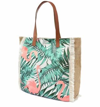 Bolso y neceser de yute con flamencos