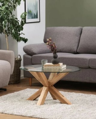 Mesa de centro cristal ovalada y roble Agerby