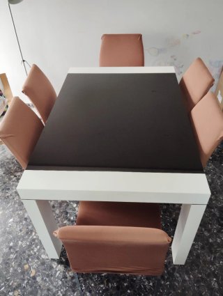 Mesa de comedor de cristal y madera maciza blanca