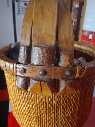 Oferta! Cubo Cesta Mimbre Rústico Mango Madera