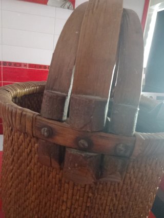 Oferta! Cubo Cesta Mimbre Rústico Mango Madera