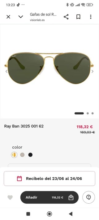 Gafas Ray-Ban Aviator Doradas Lente Verde