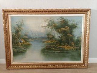 Cuadro Pintura Paisaje Río y Casa