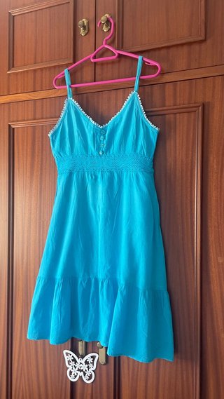 Vestido Verano Azul Celeste Sin Mangas Algodón