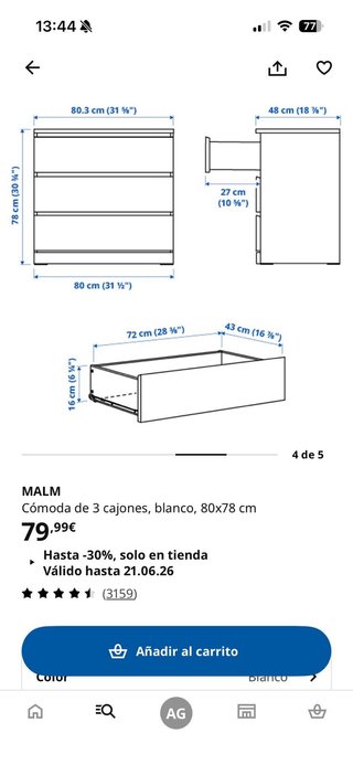 Cómoda MALM IKEA Blanca 3 cajones