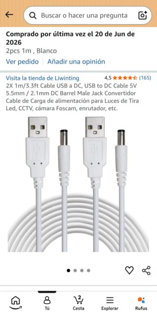 Cable USB a DC 5.5x2.1mm 5V 1m Blanco