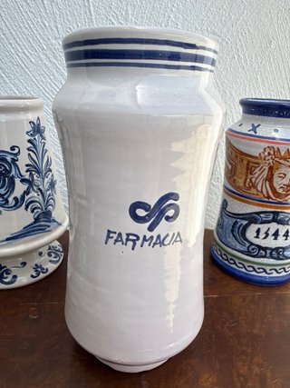 4 Botes Farmacia Antiguos Cerámica Azul Blanco