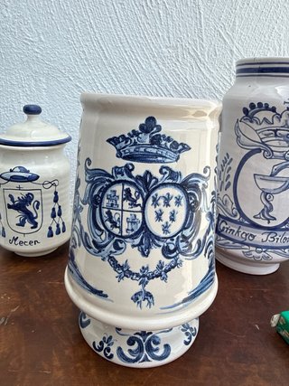 4 Botes Farmacia Antiguos Cerámica Azul Blanco