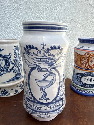 4 Botes Farmacia Antiguos Cerámica Azul Blanco