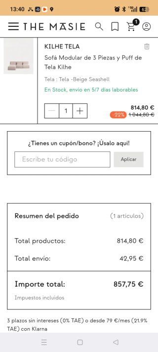 Sofá Modular Kilhe 3 Piezas + Puff Tela Beige