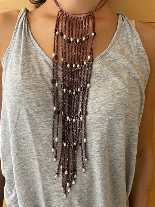 Collana cascata granati, perle e argento