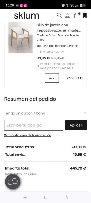 Pack 4 Sillas Jardín Madera Reposabrazos
