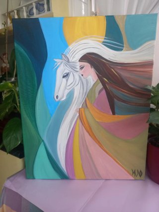 Cuadro Mujer y Caballo Acrílico Multicolor