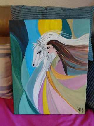Cuadro Mujer y Caballo Acrílico Multicolor