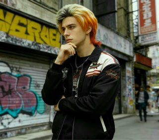 Peluca  hombre mullet manga  rubia naranja y rojo