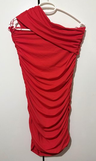 Vestido Zara Rojo Drapeado Asimétrico Talla L