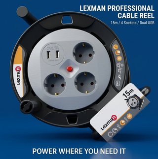 Enrollacables Lexman 15m | 4 Tomas + Doble USB