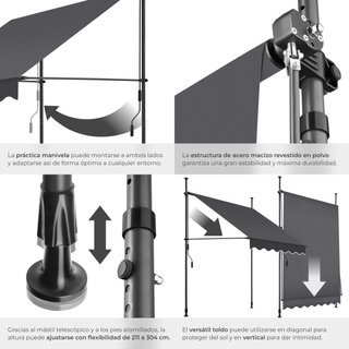 Toldo plegable para balcón con manivela 150x120x211 - 304 cm, negro