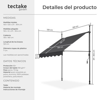 Toldo plegable para balcón con manivela 150x120x211 - 304 cm, negro