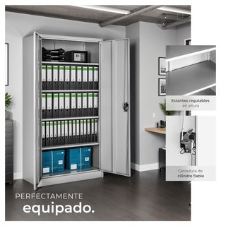 Armario archivador, cierre seguridad, 5 estantes, gris 180x90x40cm