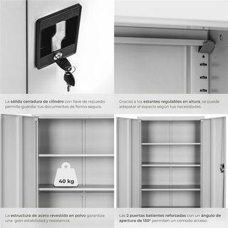Armario archivador, cierre seguridad, 5 estantes, gris 180x90x40cm