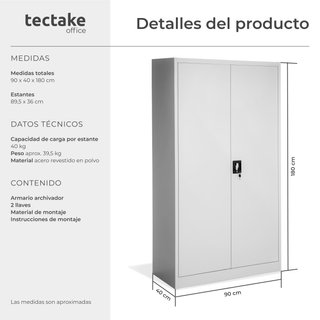 Armario archivador, cierre seguridad, 5 estantes, gris 180x90x40cm