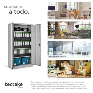 Armario archivador, cierre seguridad, 5 estantes, gris 180x90x40cm