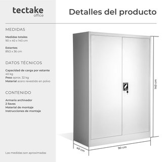 Armario archivador de acero y 4 alturas regulables 140x90x40 cm gris