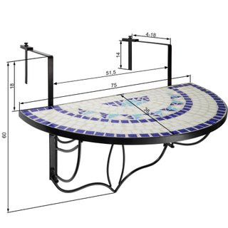 Mesa plegable de balcón, mosaico, 75 x 65 x 62 cm, blanco/azul