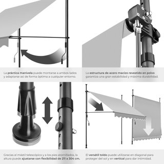 Toldo plegable para balcón con manivela 200x120x211-304 cm, gris claro