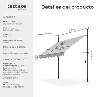 Toldo plegable para balcón con manivela 200x120x211-304 cm, gris claro