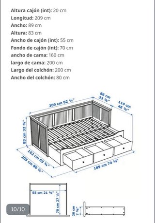 Cama diván Ikea 80x200cm con 3 cajones
