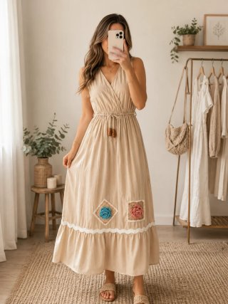 Vestido Beige Largo Mujer