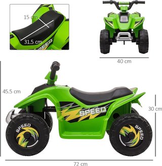 Quad Eléctrico para Niños de 18-36 Meses con Batería Recargable de 6V, Velocidad de 2.8-4.6Km/H y Marcha Adelante y Atrás, 72X40X45.5 Cm, Verde