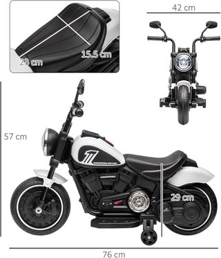 Moto Eléctrica Niños 18-36 Meses 6V Con Ruedas Suplementarias, 3Km/H Motocicleta Eléctrica para Niños, Motocicleta para Niños Con Faro, Máx. 25Kg, Blanco y Negro